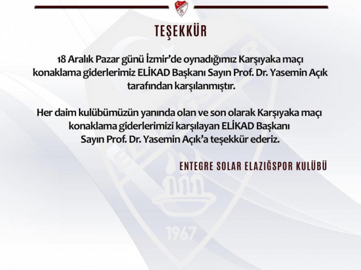 ES Elazığspor Kulübü'nden Prof Açık'a teşekkür