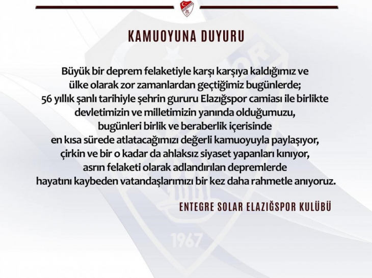 Elazığspor: Devletimizin ve milletimizin yanındayız 