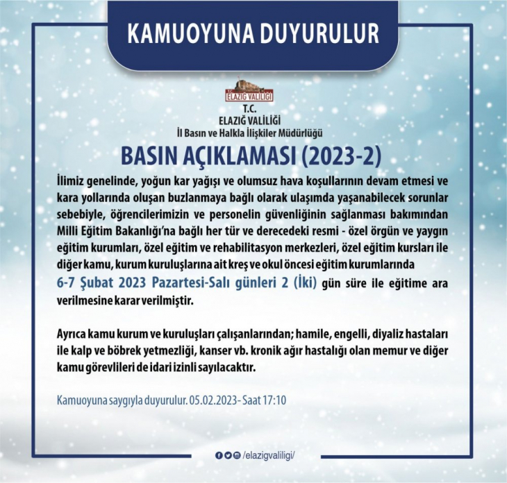 Elazığ'da eğitime 2 gün kar engeli