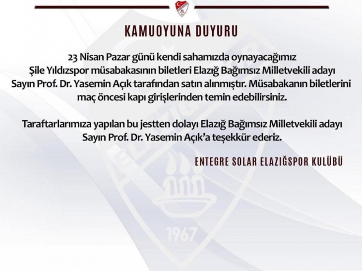 Elazığspor'dan Elazığ Bağımsız Milletvekili Adayı Prof. Dr. Yasemin Açık'a teşekkür 